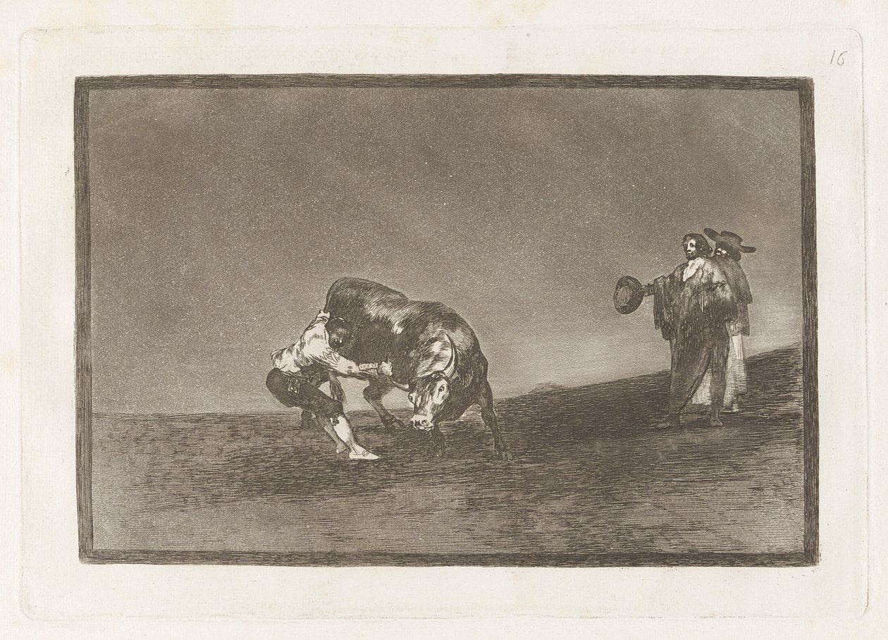 Ő maga kidob egy bikát a madridi plázára (Ugyanaz az ember gyűrűbe dob Madridban), a La tauromaquia 16. táblája alkotó: Francisco de Goya