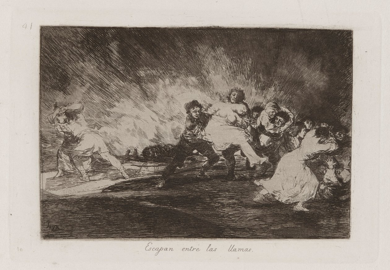 Menekülnek a lángokon keresztül, 41. tábla a háború katasztrófáiból alkotó: Francisco de Goya