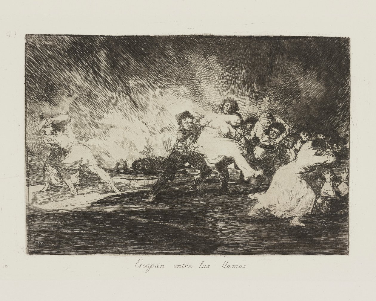 A lángok közé menekülnek. (A lángokon át menekülnek.), pl. 41 A háború katasztrófái című sorozatból alkotó: Francisco de Goya