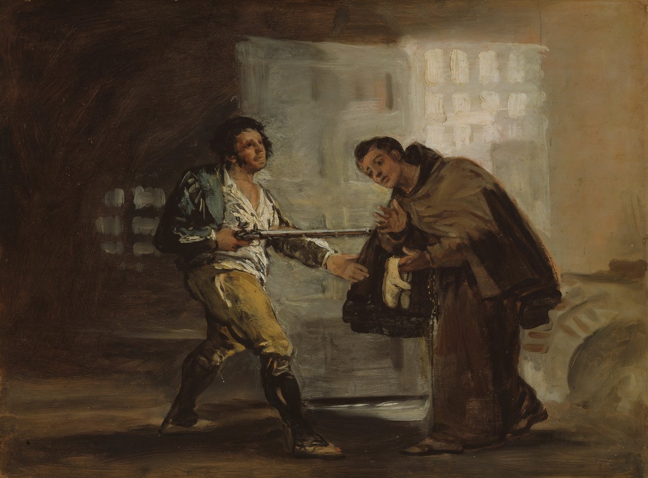 Pedro barát cipőket ajánl El Maragatónak, és arra készül, hogy félretolja fegyverét, c. 1806. alkotó: Francisco de Goya