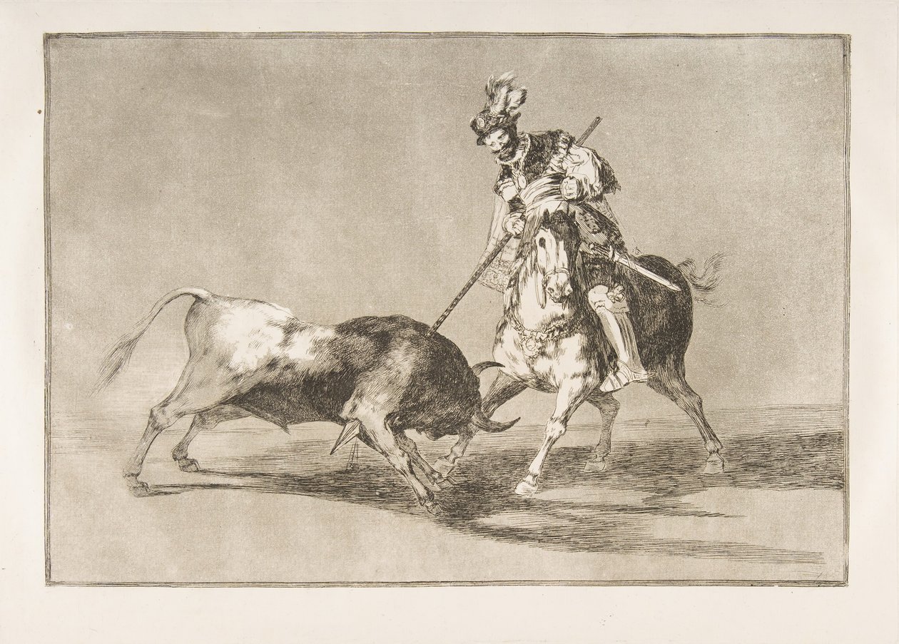 11. tábla a Tauromaquia-ból: A Cid campeador lándzsázik egy másik bikával., 1816. alkotó: Francisco de Goya