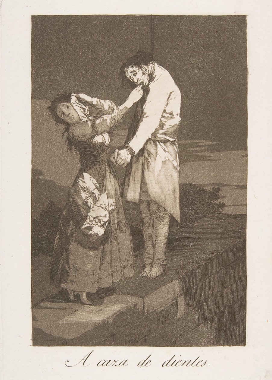 12. tábla Los Caprichosból: Ki a fogakra vadászva A caza de dientes., 1799. alkotó: Francisco de Goya