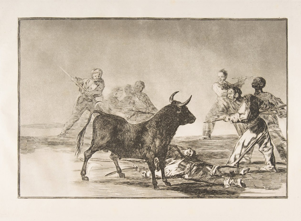 12. tábla a Tauromaquiáról: A tömeg lándzsával, sarlóval, szalaggal megfeszíti a bikát..., 1816. alkotó: Francisco de Goya