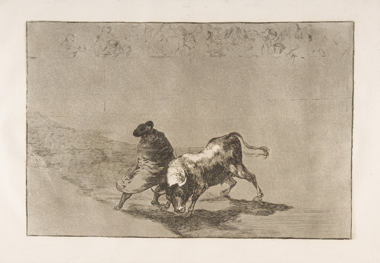 14. tábla a Tauromaquiáról: Falces nagyon ügyes tanítványa, köpenyébe burkolva..., 1816. alkotó: Francisco de Goya