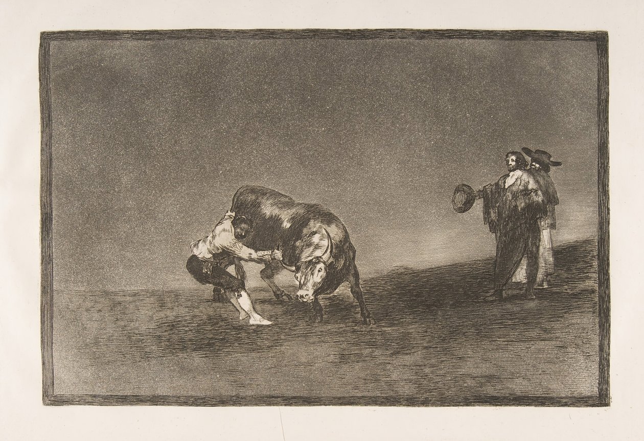 A Tauromaquia 16. táblája: Ugyanez az ember egy bikát dob a ringbe Madridban., 1816. alkotó: Francisco de Goya