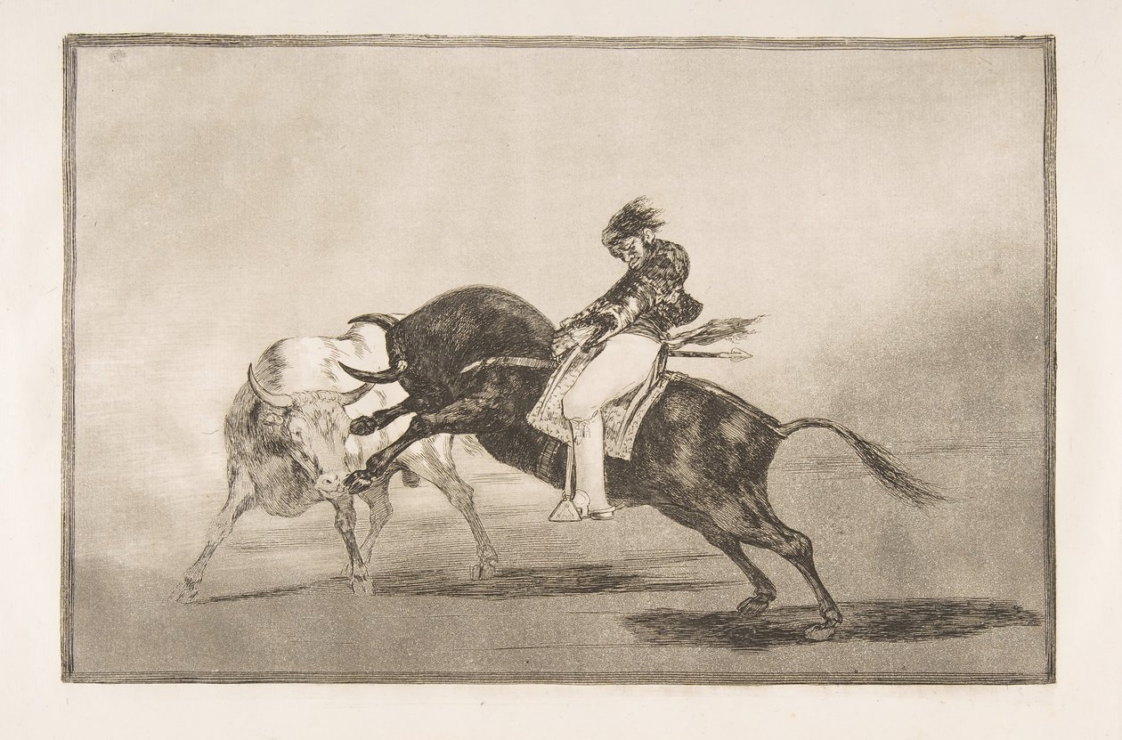 A Tauromaquia 24. táblája: Ugyanaz a Ceballos, amely egy másik bikára van felszerelve, megtöri a szót..., 1816. alkotó: Francisco de Goya