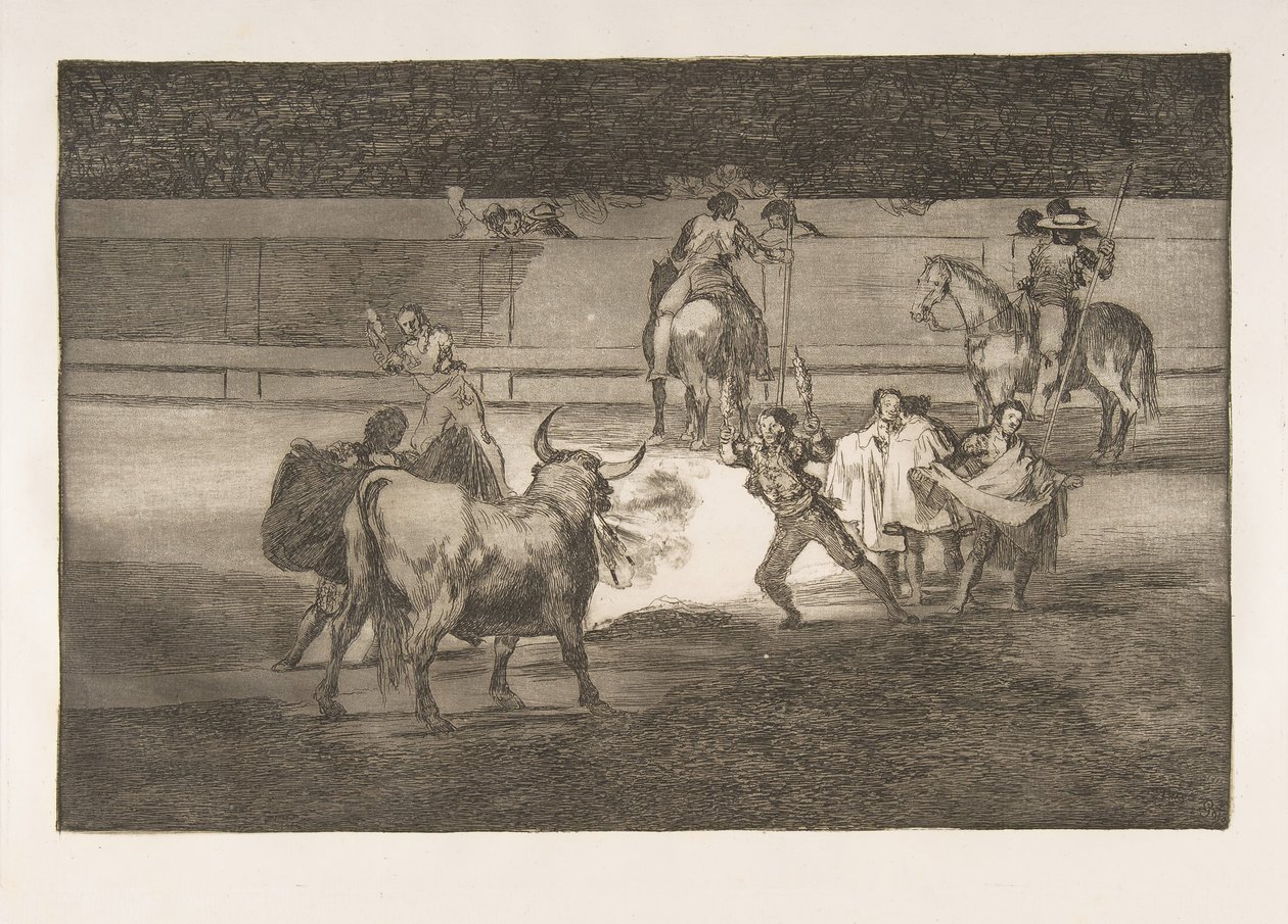 A Tauromaquia 31. táblája: Banderillák petárdákkal., 1816. alkotó: Francisco de Goya