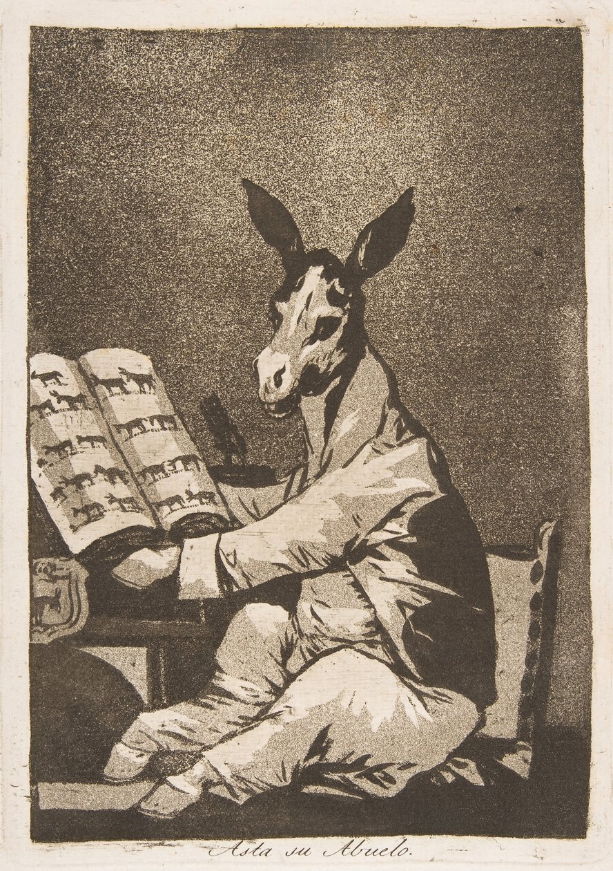 39. tábla Los Caprichosból: És a nagyapja is az volt. Asta su Abuelo., 1799. alkotó: Francisco de Goya