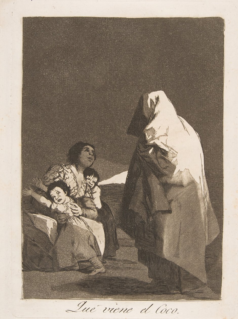3. tábla Los Caprichosból: Íme, a mumus, Que jön el Coco., 1799. alkotó: Francisco de Goya
