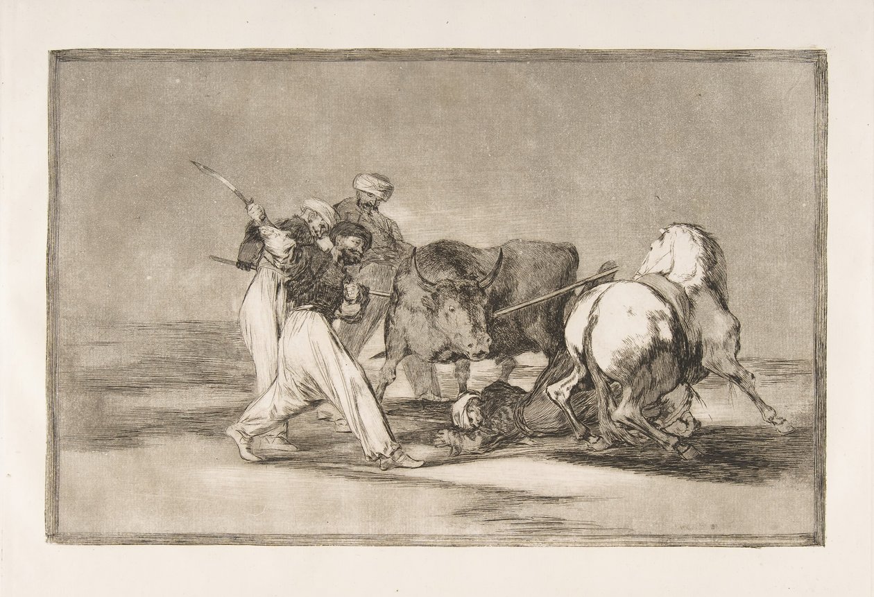 A Tauromaquia 3. táblája: A mórok Spanyolországban telepedtek le, feladva az 1816-os... babonákat. alkotó: Francisco de Goya