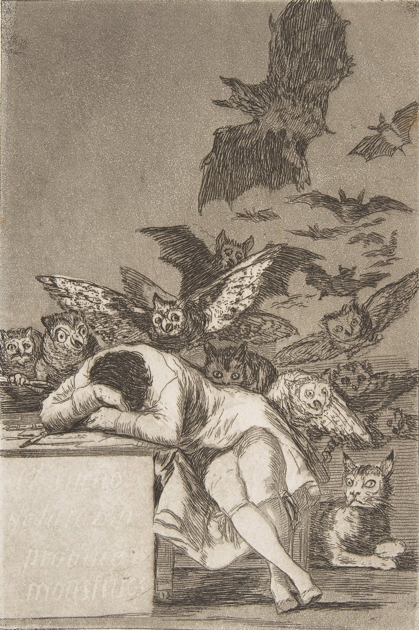 43. tábla Los Caprichosból: Az ész alvása szörnyeket hoz létre E..., 1799, 1908-1212. alkotó: Francisco de Goya