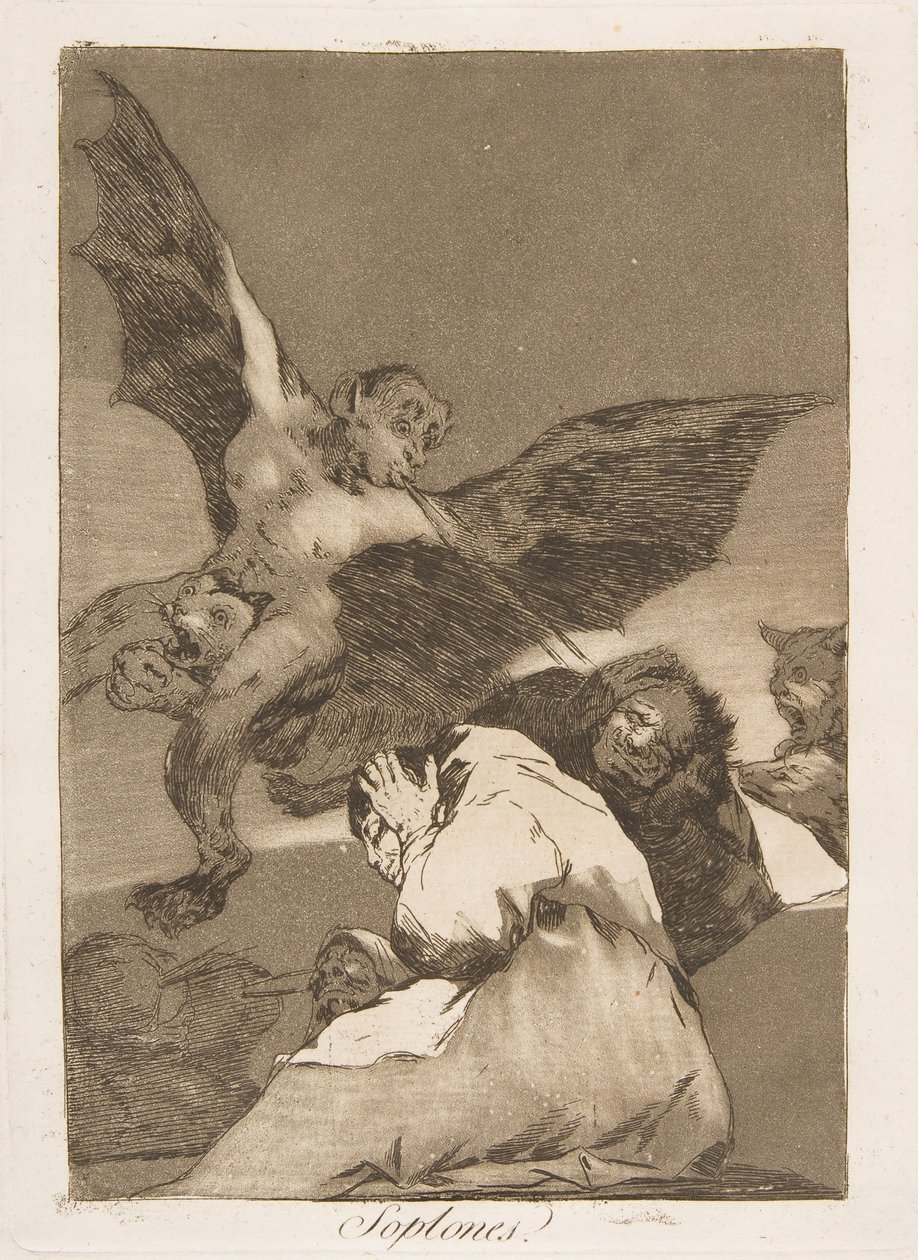 48. tábla Los Caprichosból: Mesehordozók – Szélrobbanások Soplones., 1799. alkotó: Francisco de Goya