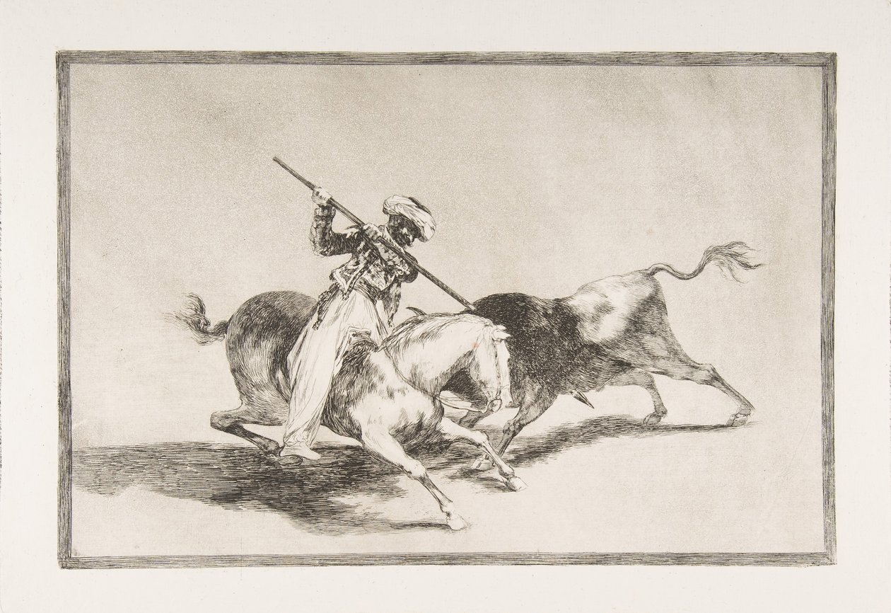 A Tauromaquia 5. táblája: A lelkes mór Gazul az első, aki lándzsás bikákat ütött..., 1816. alkotó: Francisco de Goya