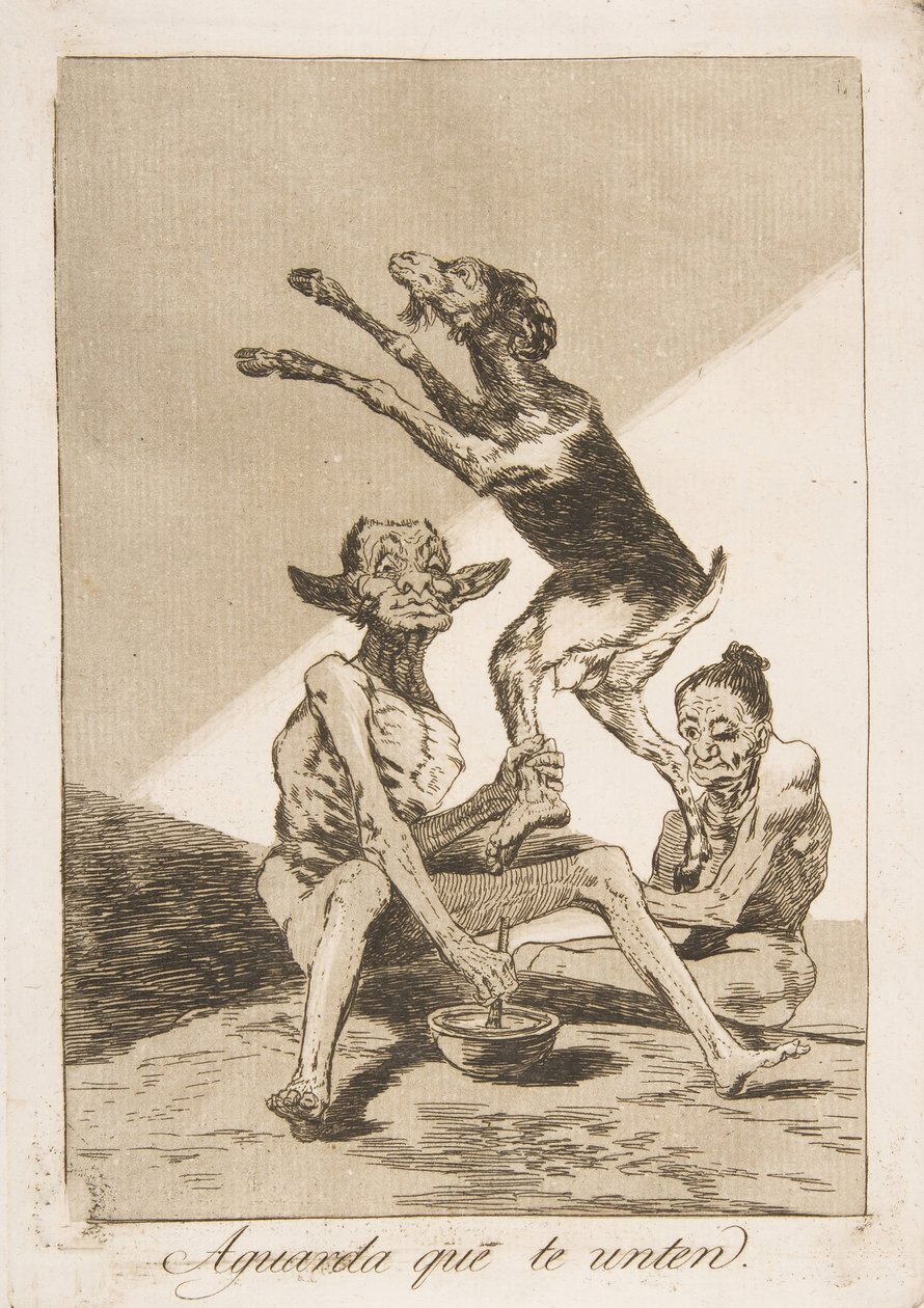 67. tábla Los Caprichosból: Várj, amíg felkennek Aguarda que te unten., 1799. alkotó: Francisco de Goya