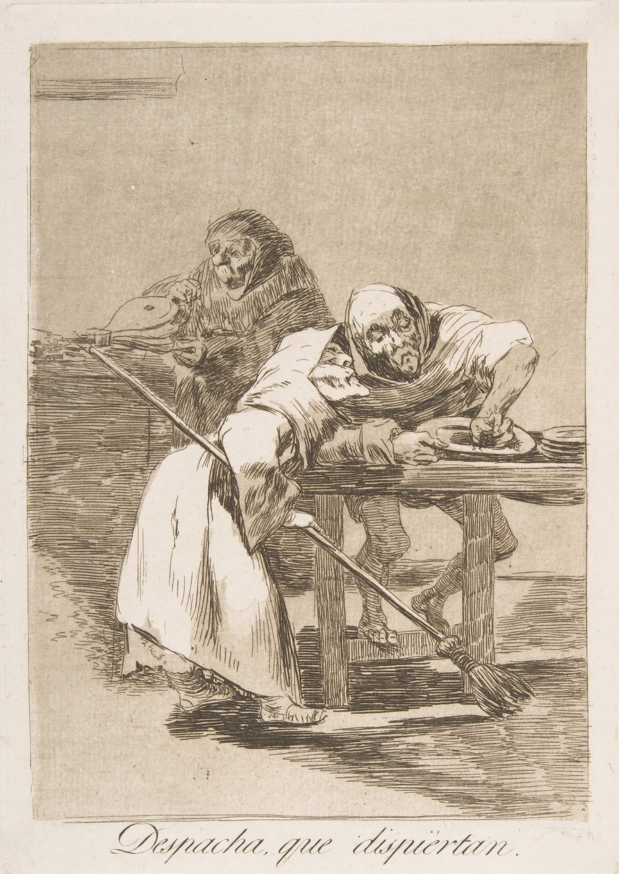 78. tábla Los Caprichosból: Légy gyors, felébresztik a Despachát, que dispiertan., 1799. alkotó: Francisco de Goya