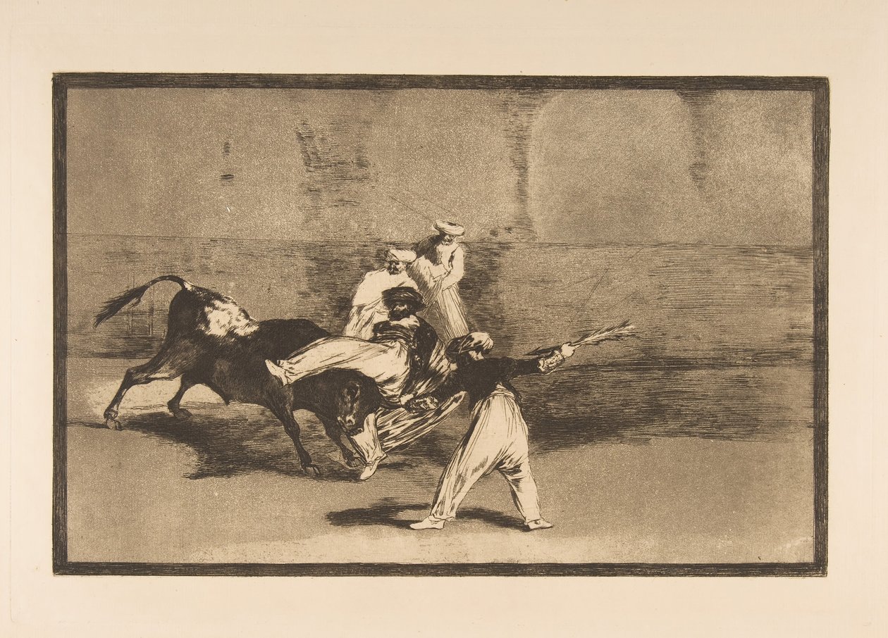 8. tábla a Tauromaquiáról: Egy láp, amelyet a bika fogott a ringben, kb. 1816. alkotó: Francisco de Goya