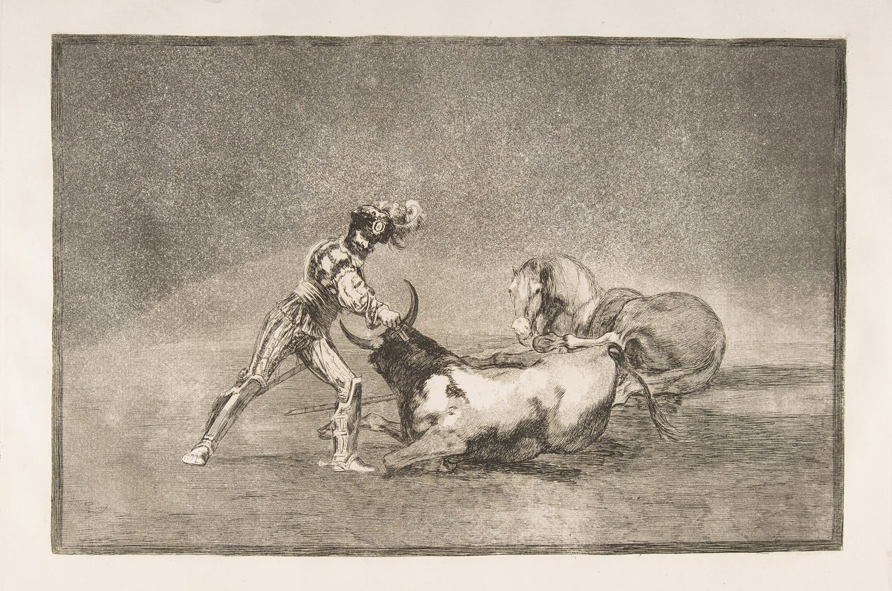 A Tauromaquia 9. táblája: Egy spanyol lovag megöli a bikát, miután elvesztette a lovát., 1816. alkotó: Francisco de Goya