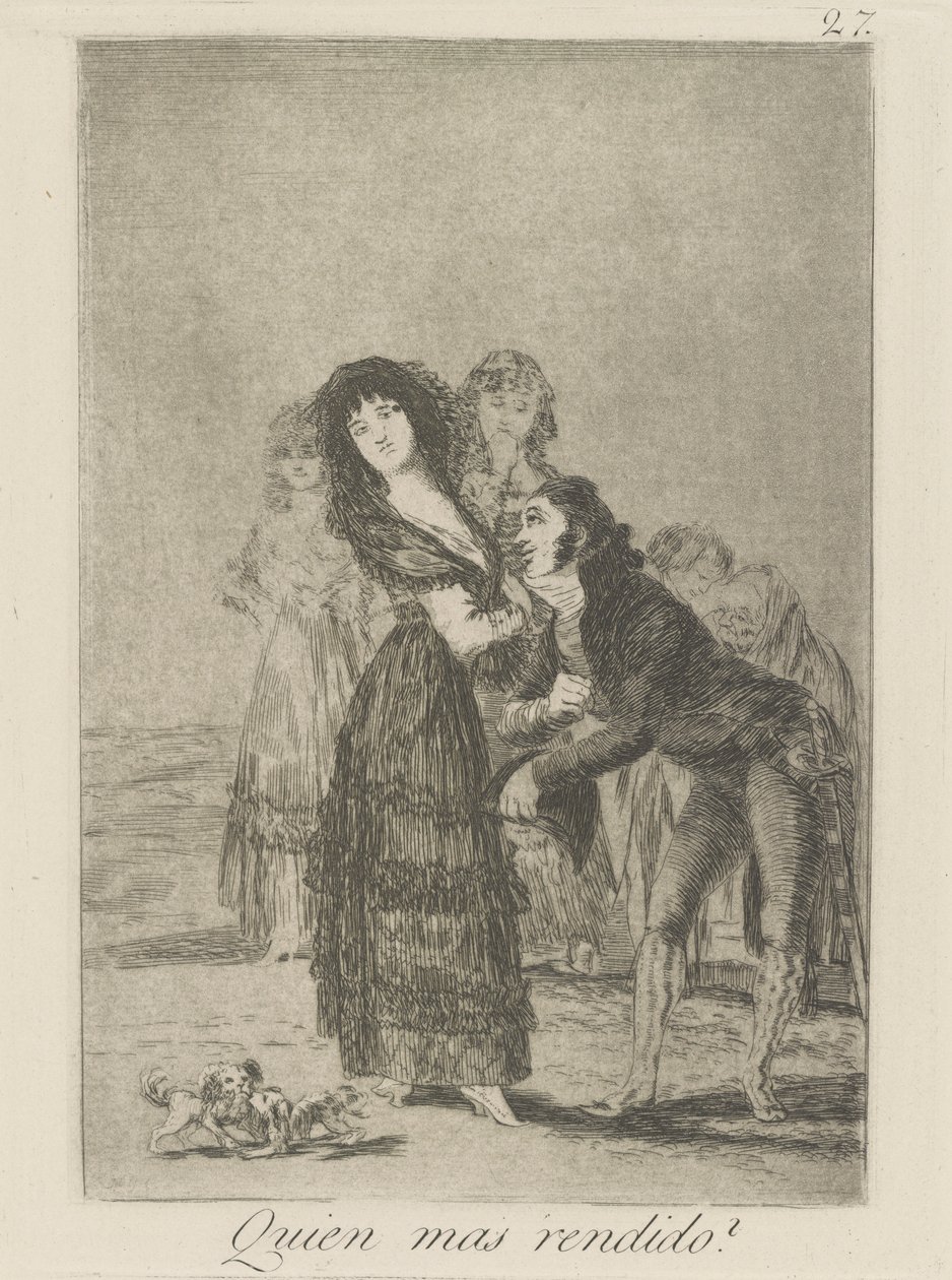 Quien mas rendido? (Melyik közülük a legyőzöttebb?), pl. 27 a Los caprichos sorozatból alkotó: Francisco de Goya