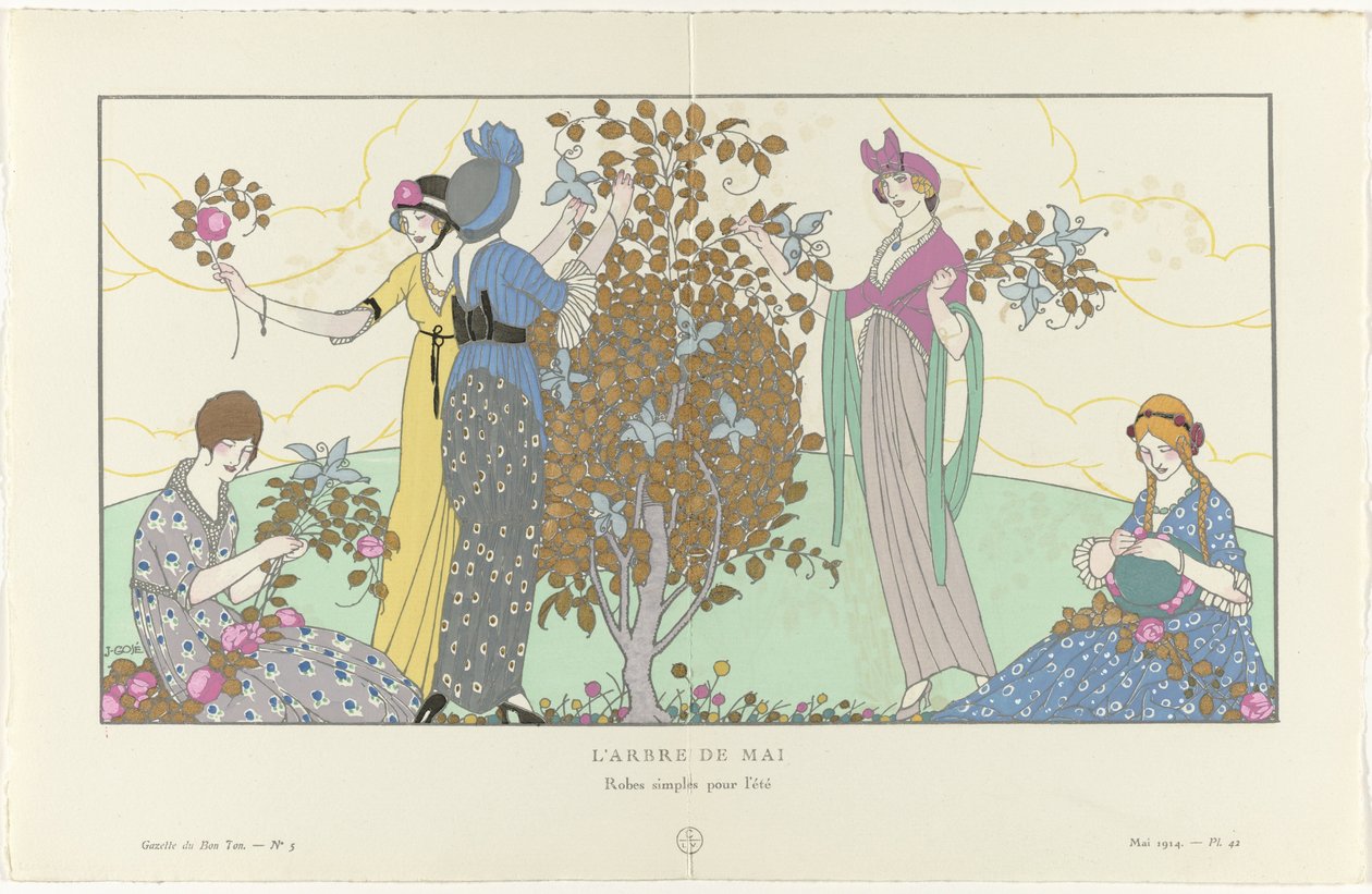 Gazette du Bon Ton, 1914 - No. 5, Pl. 42: A májusfa / Egyszerű ruhák nyárra (cím a tárgyon) alkotó: Francisco Javier Gosé