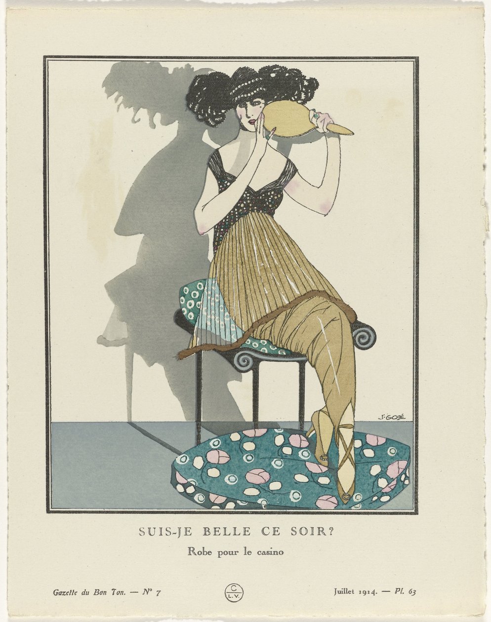 Gazette du Bon Ton. Művészet – módok és komolytalanságok: Művészek Gazette du Bon Ton, 1914, 7. szám, Pl. 63: Szép vagyok ma este? / Ruha a kaszinóba (cím a tárgyon) alkotó: Francisco Javier Gosé