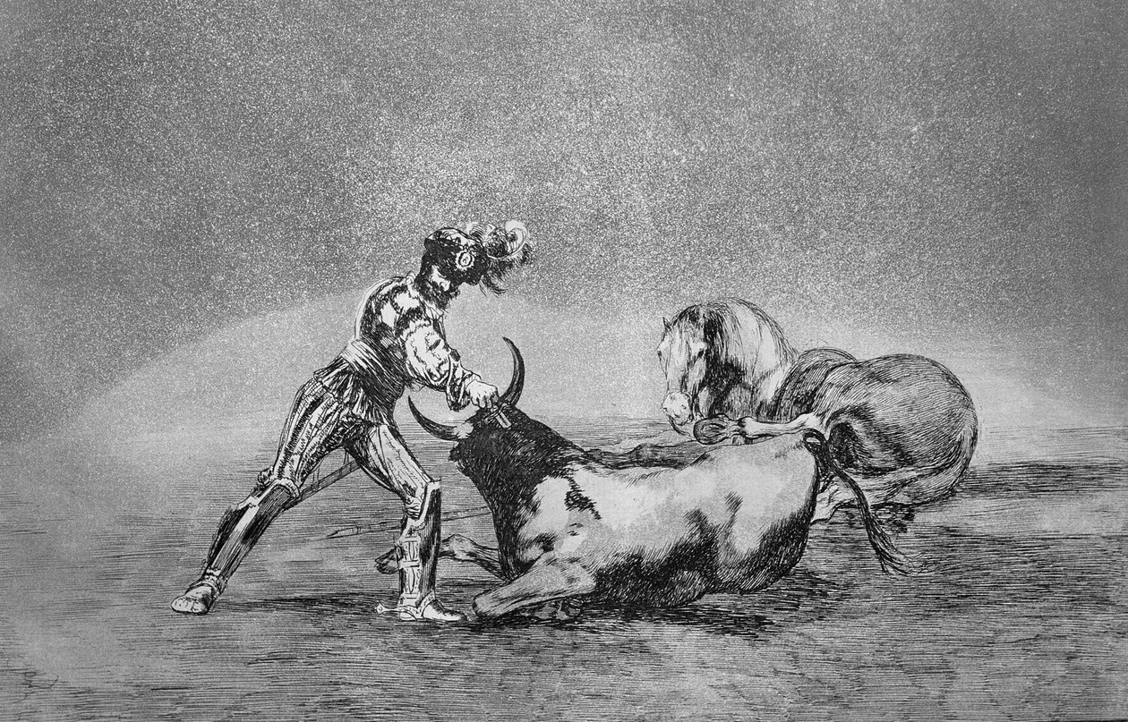 Egy spanyol lovag megöli a bikát, miután elvesztette a lovát. A „The Art of Bullfighting” 9. táblája, kocsma. 1816 (rézkarc) alkotó: Francisco Jose de Goya y Lucientes
