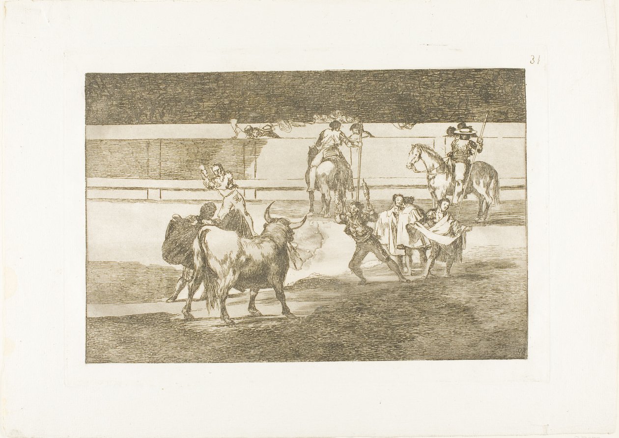 Banderillák petárdákkal, 31. tányér a Bikaviadal művészetéből alkotó: Francisco Jose de Goya y Lucientes