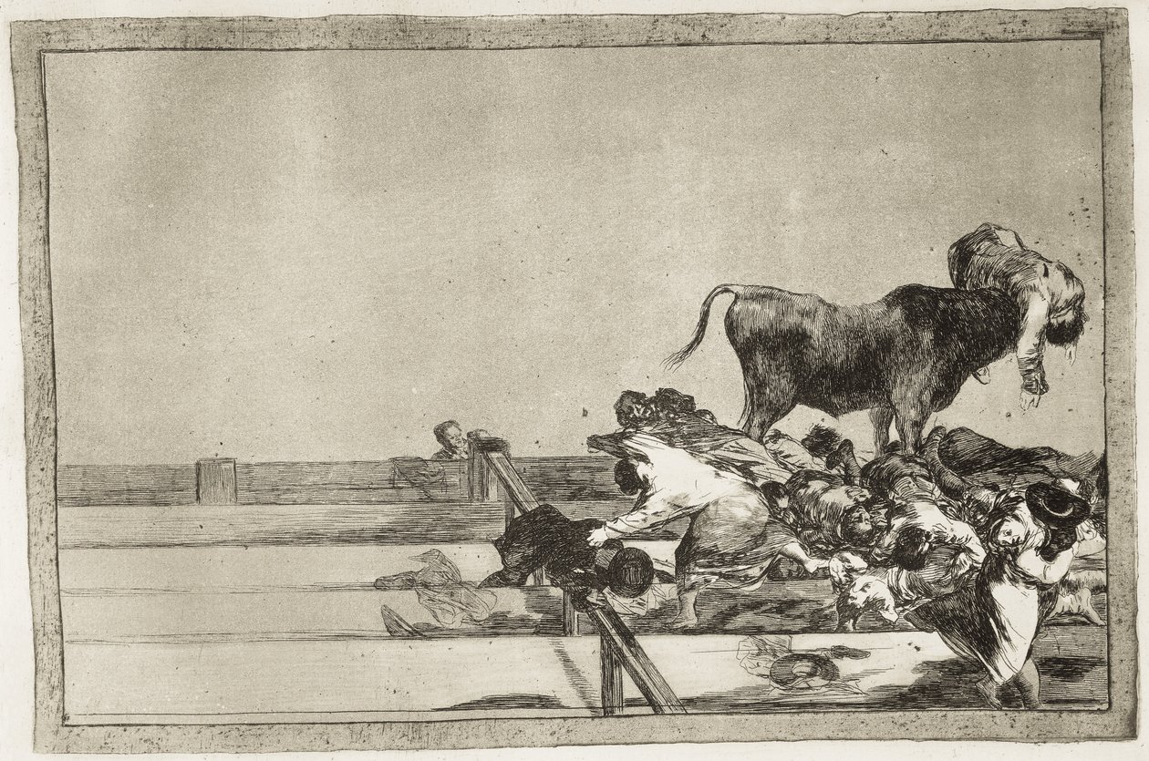 GOYA Y LUCIENTES, Francisco de (1746-1828). Félelmetes események a madridi ring első soraiban és Torrejon polgármesterének halála 1801-ben. 1816. „A bikaviadal művészete” 21. táblája. Rézkarc. SPANYOLORSZÁG. MADRID (AUTONÓM KÖZÖSSÉG). Madrid. Nemzeti alkotó: Francisco Jose de Goya y Lucientes