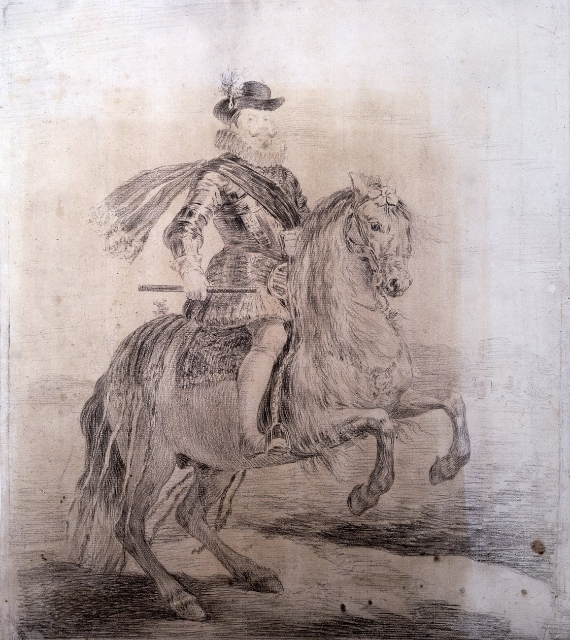 GOYA Y LUCIENTES, Francisco de (1746-1828). Fülöp spanyol lovas portréja. 1778. Spanyolország III. FÜLÖP (1578-1621). Spanyolország királya (1598-1621). Velazquez-festmények rajzmásolatai. Barokk művészet. Rajz. SPANYOLORSZÁG. MADRID (AUTONÓM KÖZÖSSÉG). Őr alkotó: Francisco Jose de Goya y Lucientes