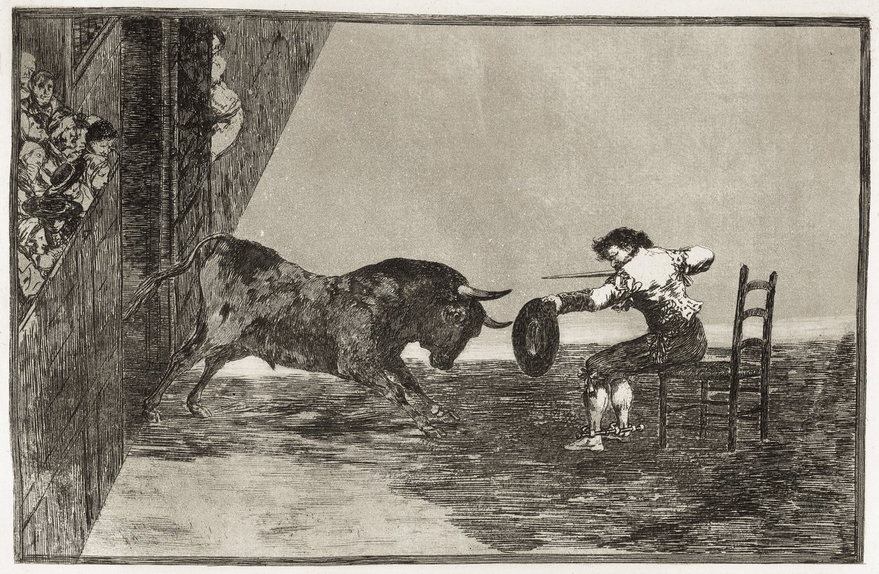GOYA Y LUCIENTES, Francisco de (1746-1828). Martincho (valószínűleg Antonio Ebassum) merészsége a ringben Saragossában. 1816. (24,9 x 35,7 cm). „A bikaviadal művészete” 18. táblája. Rézkarc. SPANYOLORSZÁG. MADRID (AUTONÓM KÖZÖSSÉG). Madrid. Nemzeti Könyvtá alkotó: Francisco Jose de Goya y Lucientes