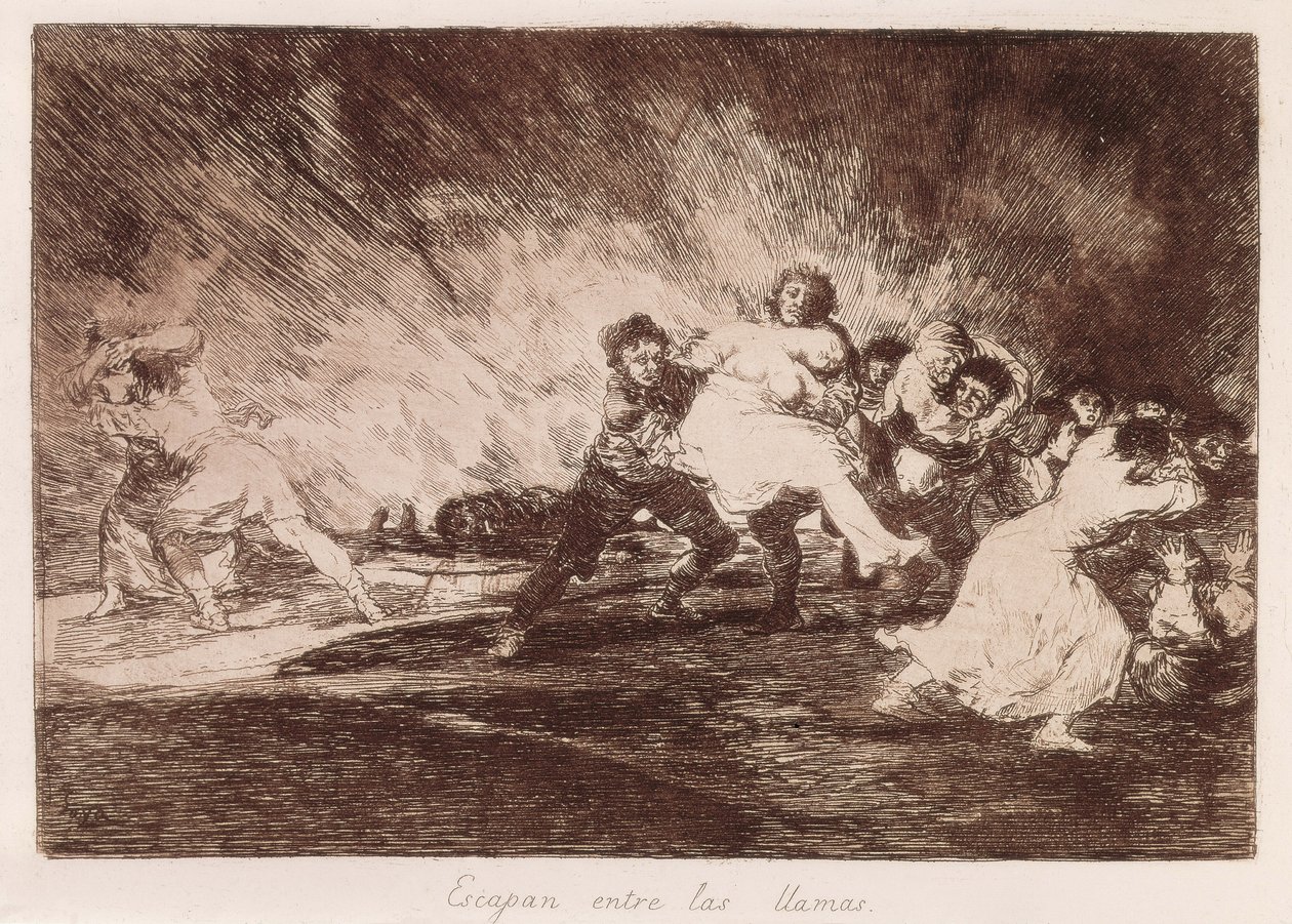 GOYA Y LUCIENTES, Francisco de (1746-1828). A lángokon keresztül menekülnek. 1810-1812. (16,1 x 23,3 cm). A „The Disasters of War” 47. táblája. Rézkarc. SPANYOLORSZÁG. MADRID (AUTONÓM KÖZÖSSÉG). Madrid. Nemzeti Könyvtár alkotó: Francisco Jose de Goya y Lucientes