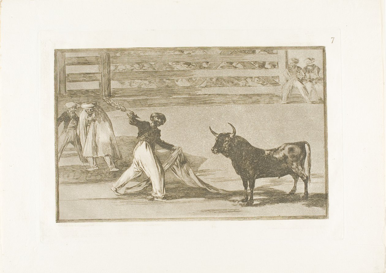 A szigonyok vagy banderillák eredete, hetedik lemez a Bikaviadal művészetéből alkotó: Francisco Jose de Goya y Lucientes