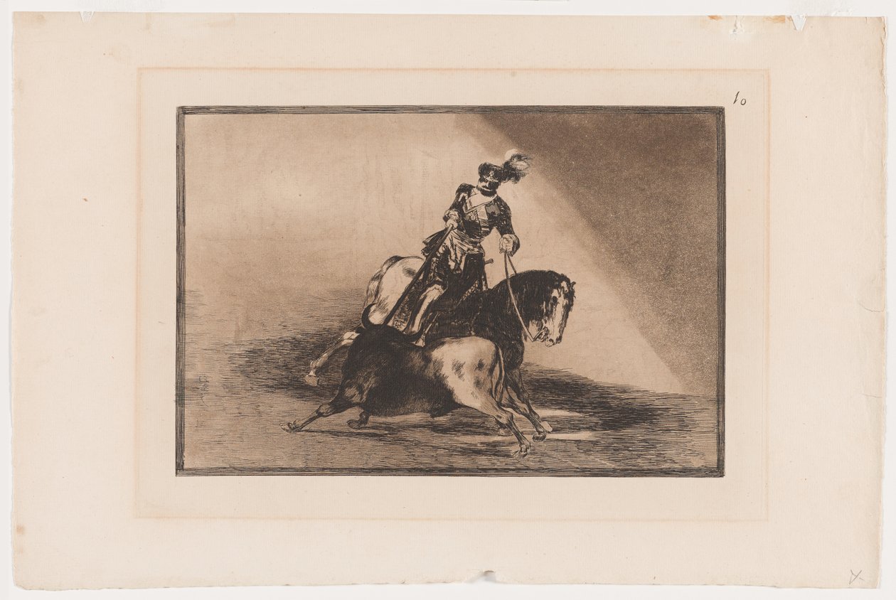 La Tauromaquia 10. táblája: V. Károly Bikát lándzsázni a ringben Valladolidban, 1816, nyomtatott 1876 (Rézkarc és akvatinta fektetett papíron) alkotó: Francisco Jose de Goya y Lucientes