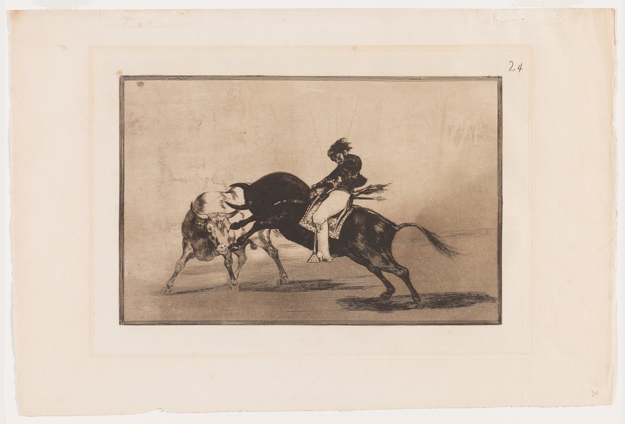 La Tauromaquia 24. táblája: Ugyanaz Ceballos Mounted on Another Bull Breaks Short Spears a ringben Madridban alkotó: Francisco Jose de Goya y Lucientes