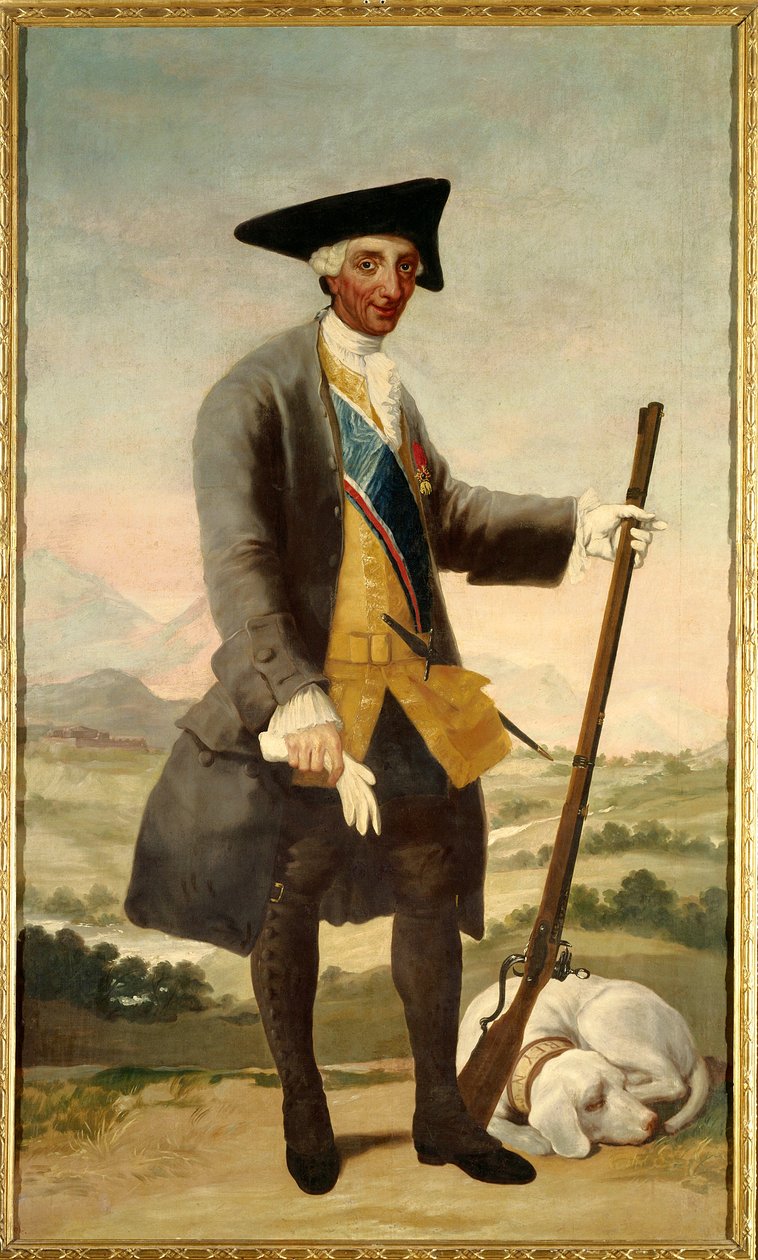 III. Károly (1716-1788) mint vadász portréja lábán, V. Fülöp fia Francisco de Goya (1746-1828) festménye, olaj, vászon alkotó: Francisco de Goya