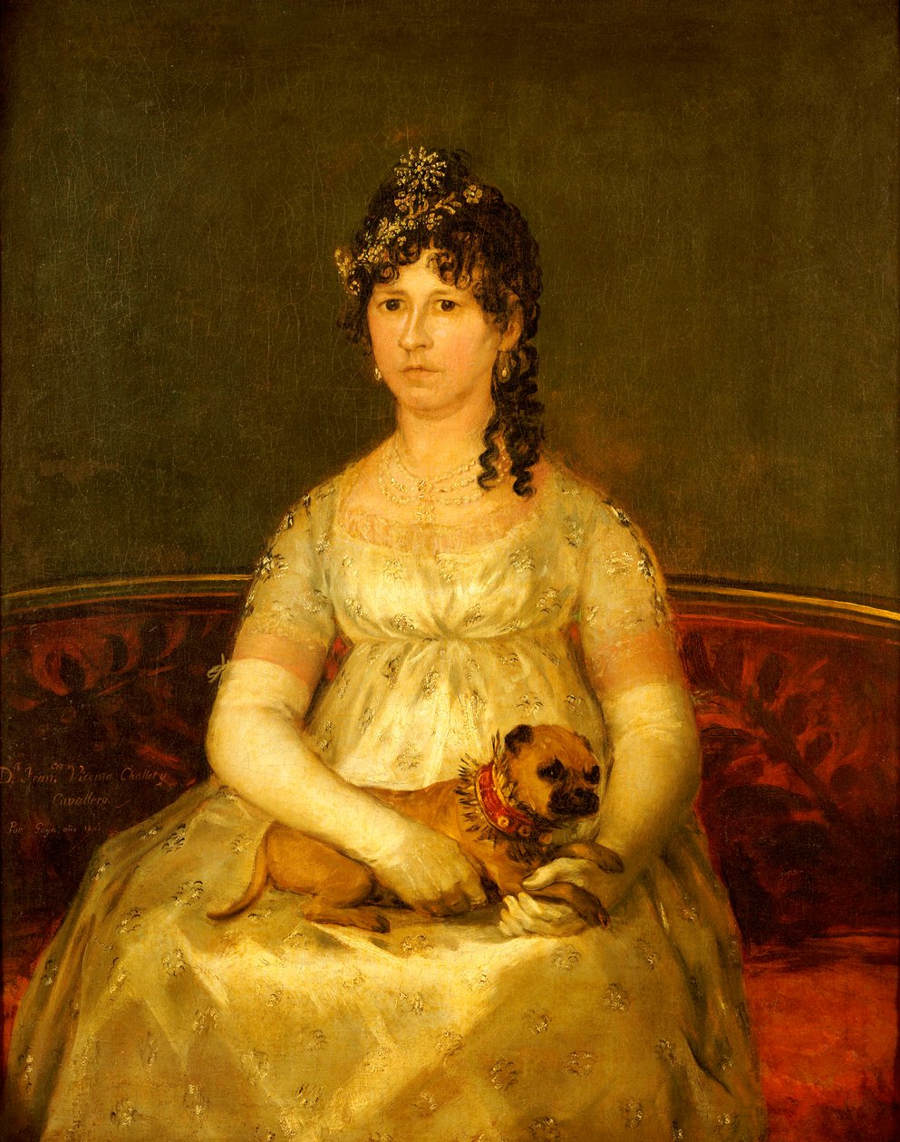 Dona Francisca Vicenta Chollet y Caballero portréja, ülő, háromnegyed hosszúságú, öleb kutyával, 1806 alkotó: Francisco de Goya