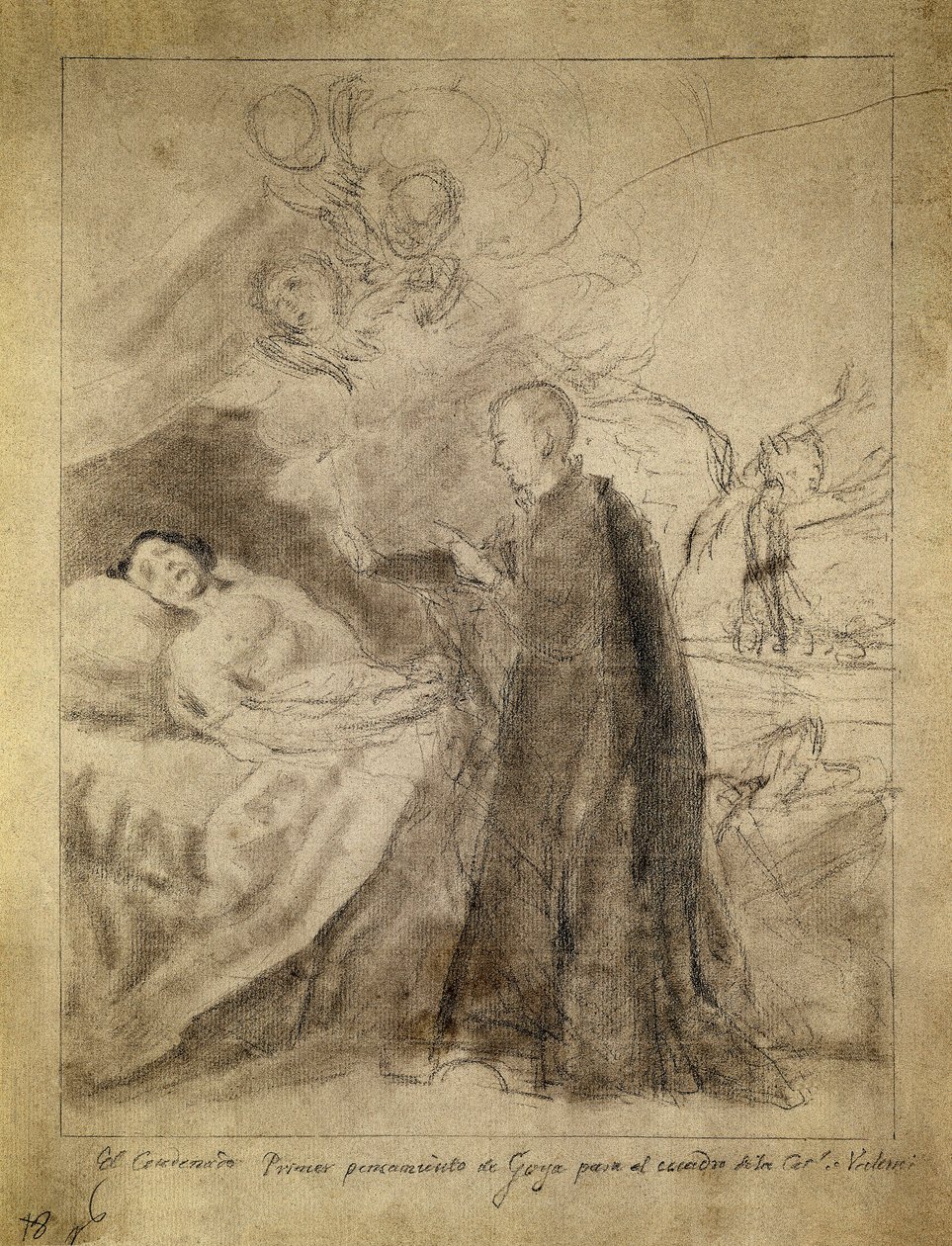 Szent Ferenc (Francis) Borgia (1510-1578) egy haldokló, bűnbánó ágyánál. Francisco de Goya y Lucientes (1746-1828) 1788-as rajza. Vázlat az azonos című festményhez az Ausuna család megrendelésére. Prado Múzeum, Madrid. alkotó: Francisco Jose de Goya y Lucientes