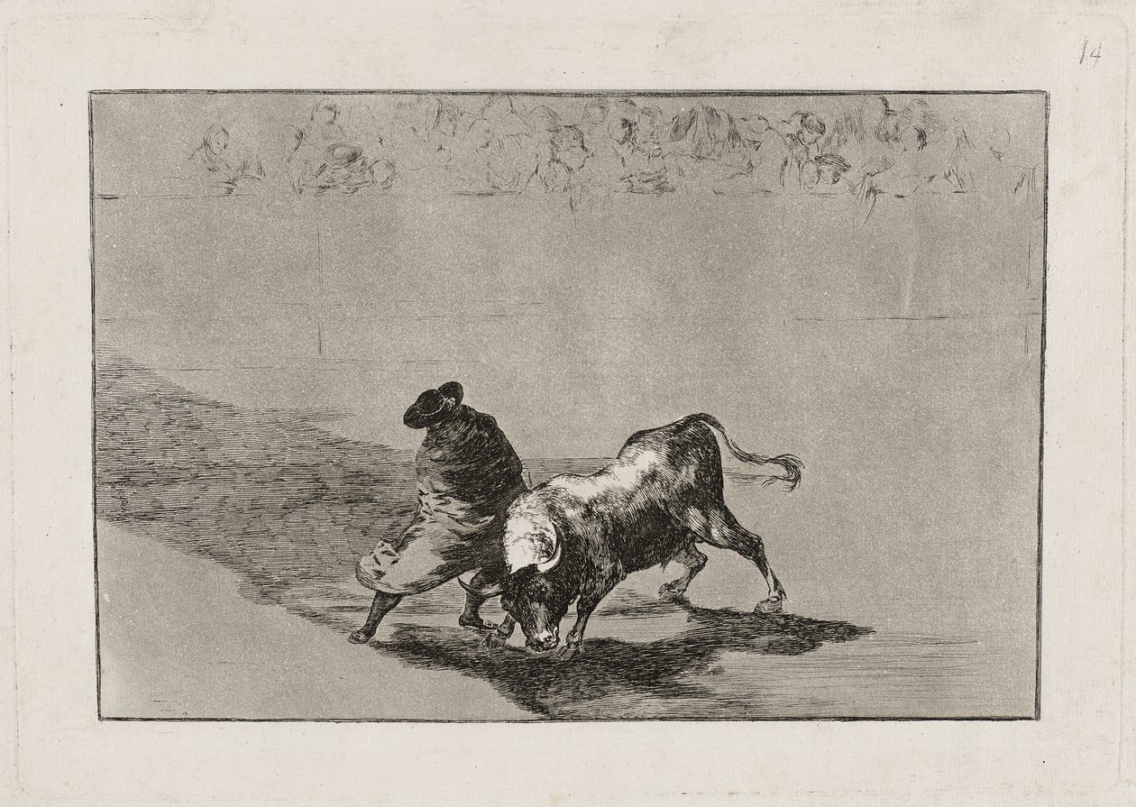 Az okos „hamis tanuló” feldühíti a bikát azzal, hogy köpenyébe burkolózva mozog, 14. tábla alkotó: Francisco de Goya