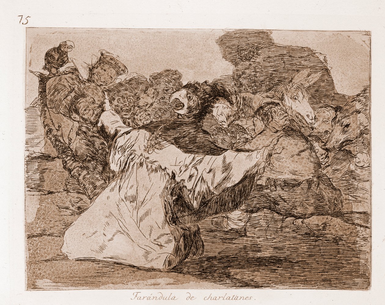 A háború katasztrófái: sarlatánok farandole (rézkarc az előkészítő rajzból alkotó: Francisco de Goya
