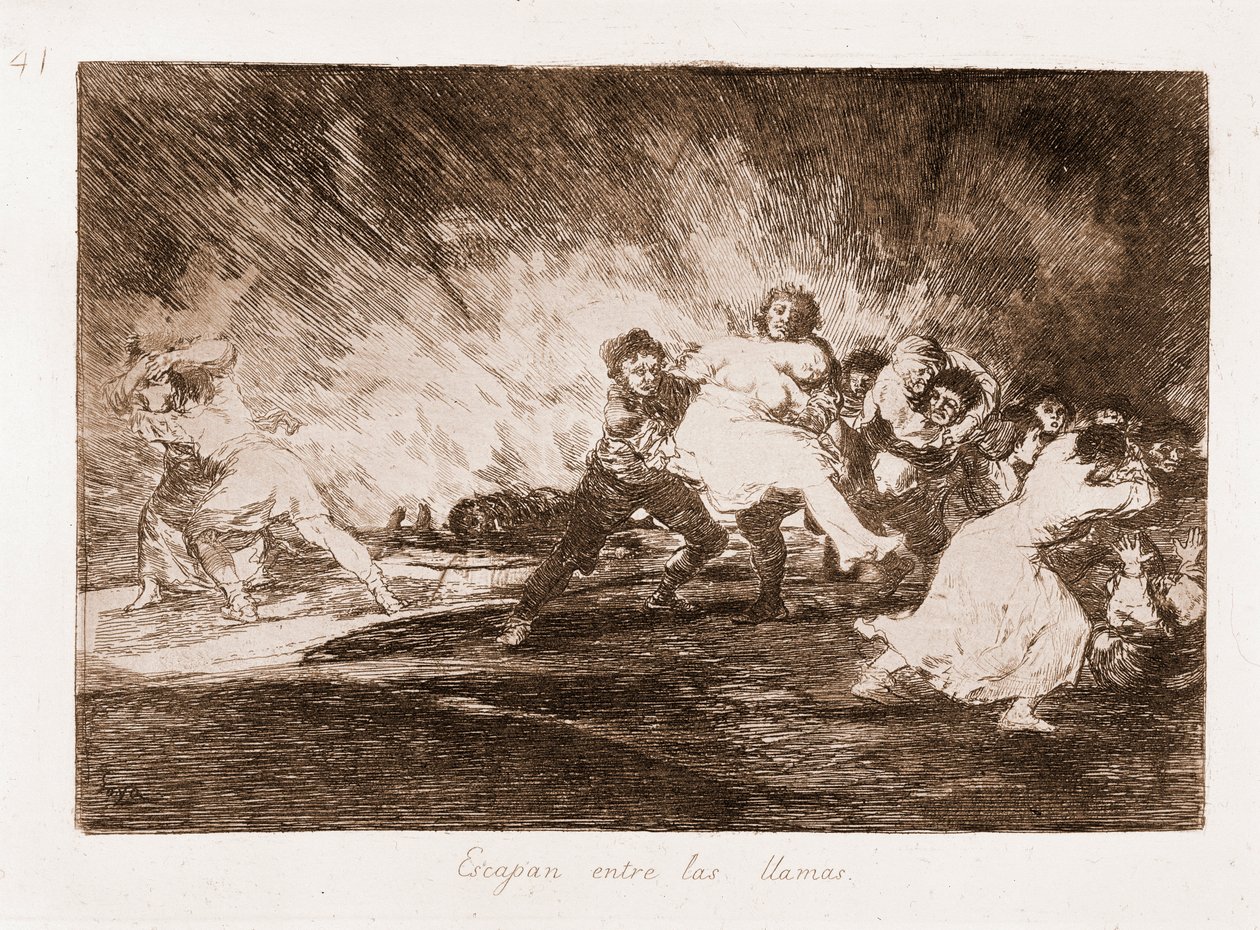 A háború katasztrófái: A lángokon keresztül menekülnek (makarás a rajzból alkotó: Francisco de Goya