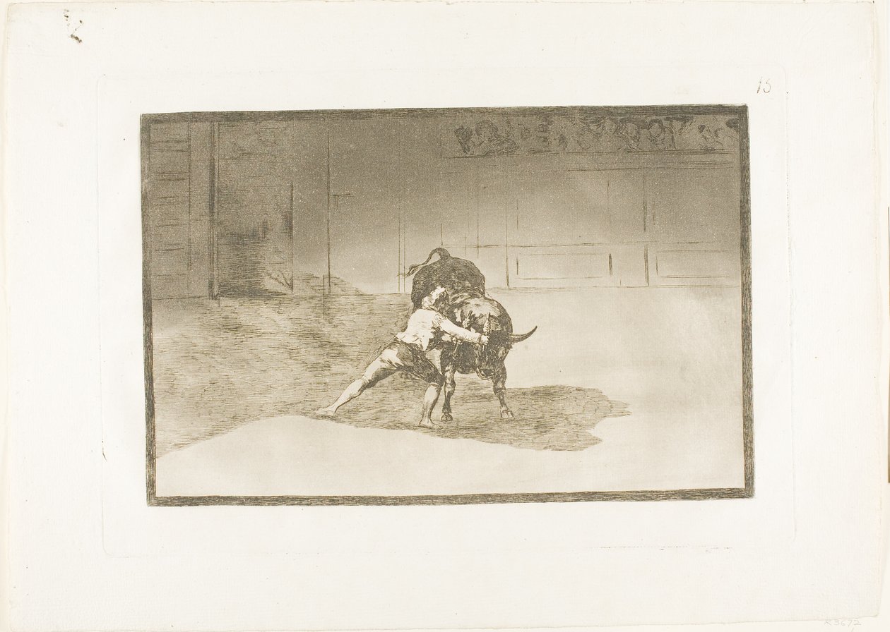 A híres Martincho elhelyezi a banderillákat, testének mozgásával a bikával játszik, 15. lemez A bikaviadal művészetéből alkotó: Francisco Jose de Goya y Lucientes