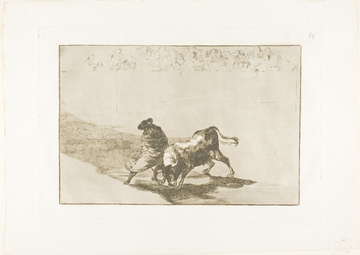 A hamisság nagyon ügyes tanulója, köpenyébe burkolva, testének játékával becsapja a bikát, 14. lemez A bikaviadal művészetéből alkotó: Francisco Jose de Goya y Lucientes