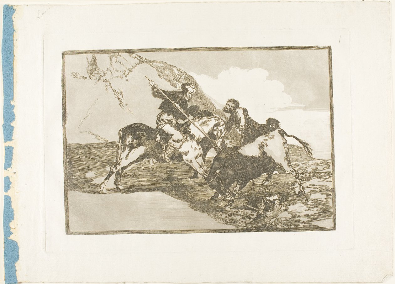 Az a mód, ahogyan az ókori spanyolok bikákra vadásztak lóháton a nyílt terepen, első tábla A bikaviadal művészetéből alkotó: Francisco Jose de Goya y Lucientes