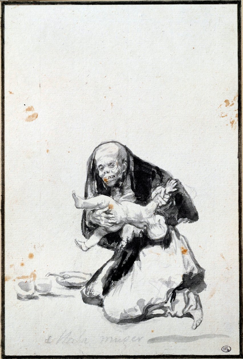 A rossz nő (Mala mujer). A gonosz nő. Antropofág jelenet, egy boszorkány felfal egy gyereket. Szürke mosás, Francisco Goya y Lucientes (1746-1828) Sun. 0,21x0,14 m Párizs, Louvre Múzeum alkotó: Francisco de Goya
