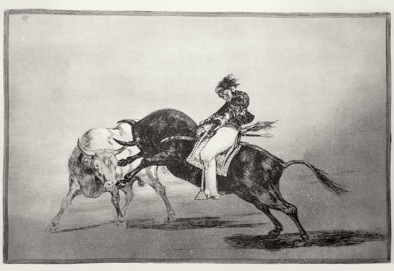 Ugyanaz a Mariano Ceballos, bikára ültetve, rövid lándzsákat tör a ringben Madridban, „A bikaviadal művészete” 24. táblája, kocsma. 1816 (rézkarc) alkotó: Francisco Jose de Goya y Lucientes