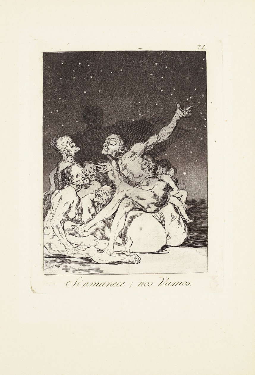 Amikor a nap szünetel, útnak indulunk (Si amanece; nos vamos) 71. tábla innen: Los Caprichos alkotó: Francisco Jose de Goya y Lucientes