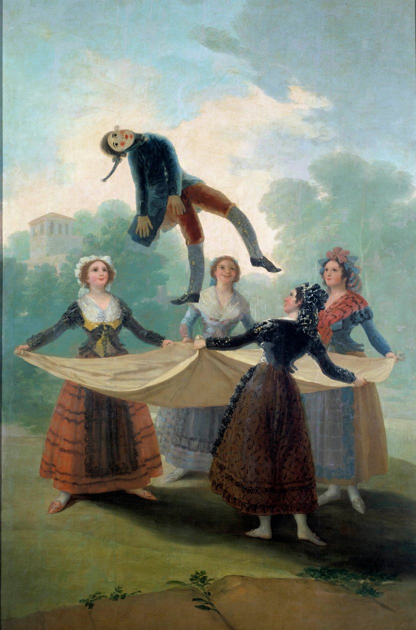 Fiatal nők bábu dobott a levegőbe egy ruhával egy rongybaba. Francisco de Goya (1746-1828) festménye 1792, V. 1,6x2,67 m Madrid, Musee du Prado – A báb. Fiatal lányok, akik lepedővel hánynak fel egy rongybabát. Francisco de Goya (1746-1828) festménye alkotó: Francisco de Goya