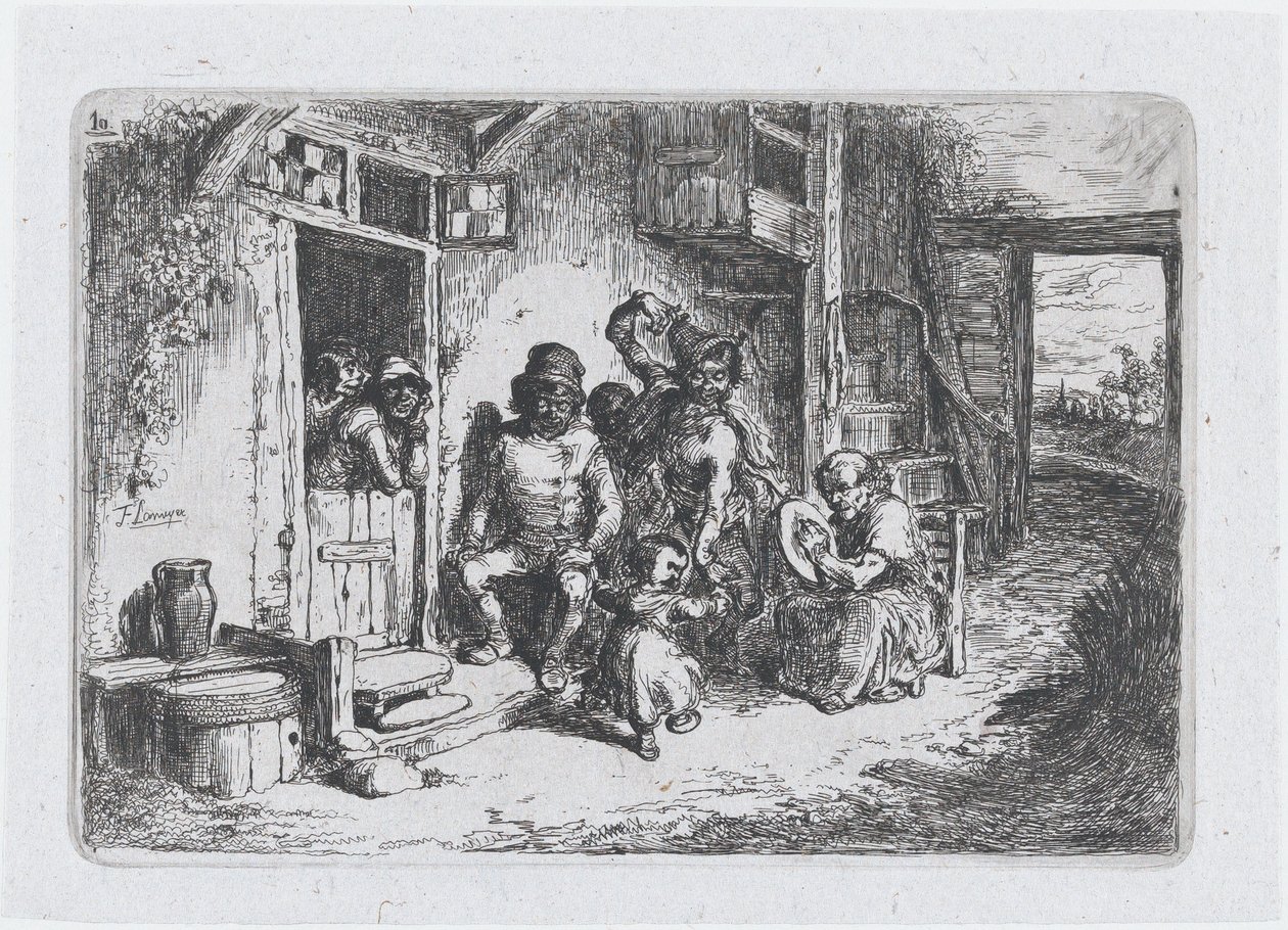 10. tábla: két táncoló figura, egy másik ülve dobon, a Vámok sorozatából, 1850. alkotó: Francisco Lameyer Berenguer
