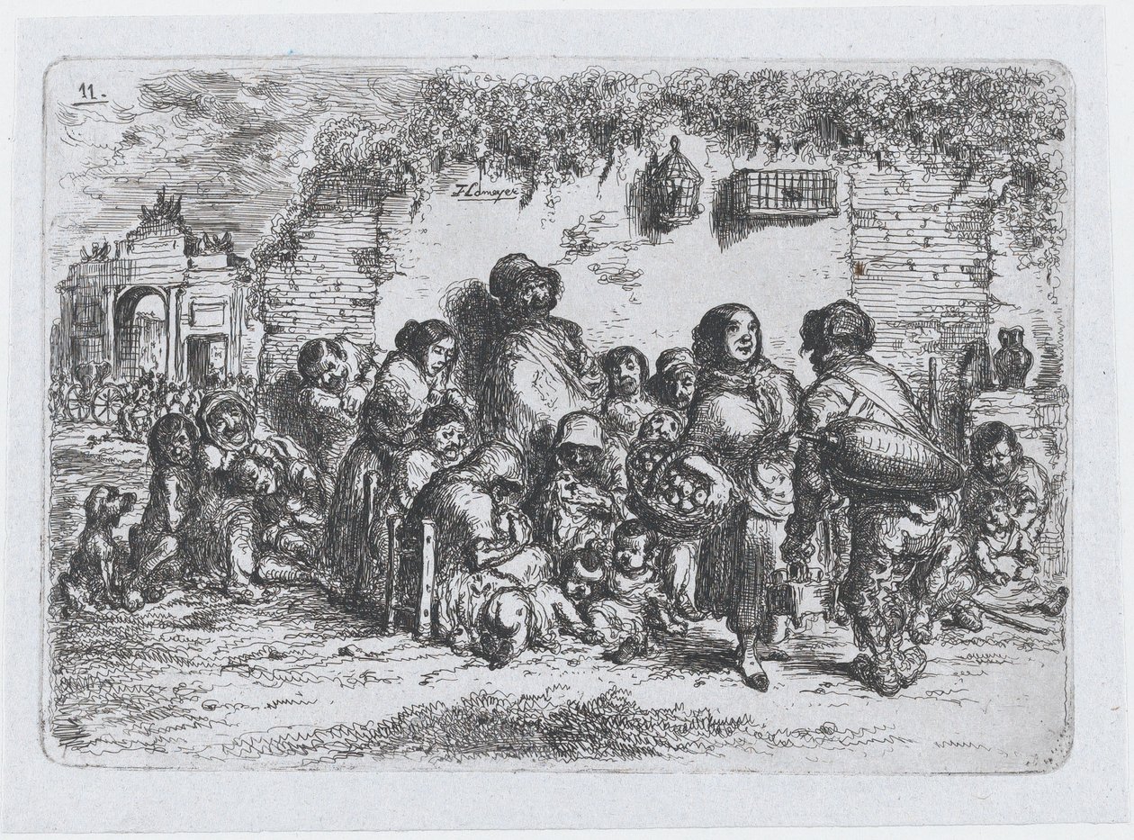 11. tábla: egy embercsoport a szabadban, a spanyolok... szokások és időtöltések sorozatából, 1850. alkotó: Francisco Lameyer Berenguer