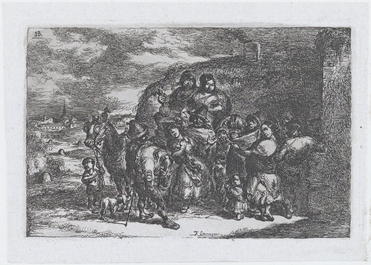 13. tábla: egy embercsoport a szabadban, köztük esetleg zenészekkel, a Cust... sorozatból, 1850. alkotó: Francisco Lameyer Berenguer