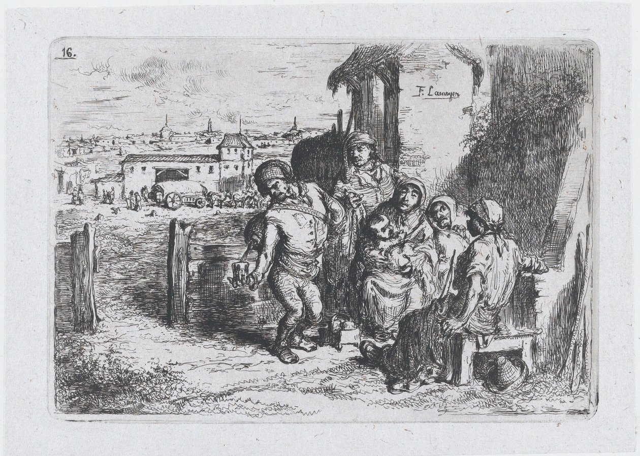 16. tábla: emberek csoportja a szabadban, köztük egy férfi, aki egy edényből bort vagy vizet tölt..., 1850. alkotó: Francisco Lameyer Berenguer